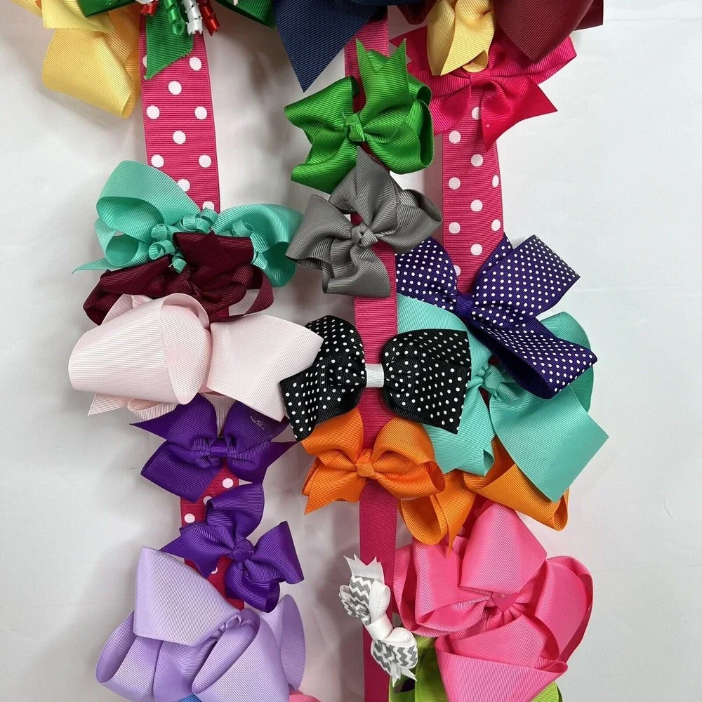 Girls Kids Hair Bow Holder Initial M White Wood Pink Ribbon 40+ Bow Lot Mix